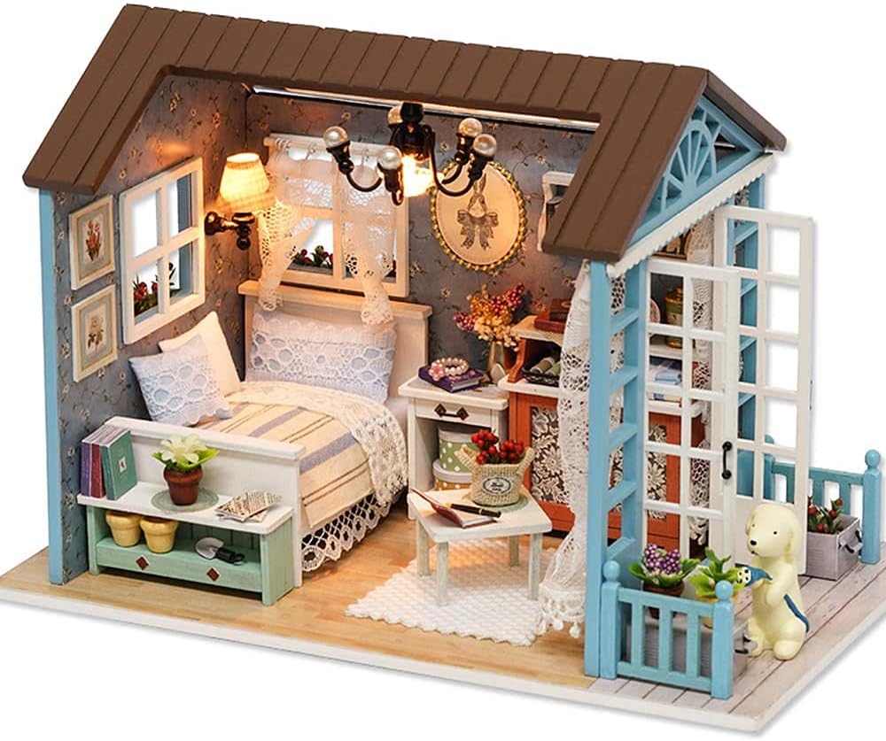 DIY Miniature House Kits with Furniture and LED Lights, CUTEROOM 3D Wooden Dolls House Kits to Build for Adults Birthday (Blue Time)