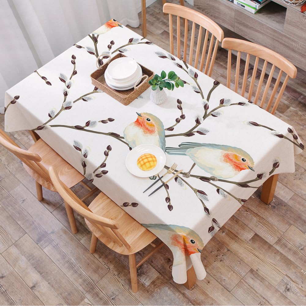 DALEXHM Table Cloth Wipe Clean Rectangular, wipeable tablecloths,Dining Table Cover for Kitchen Outdoor Garden Table,pattern of Willow branches and birds Robin vector on white background.,54x72 in