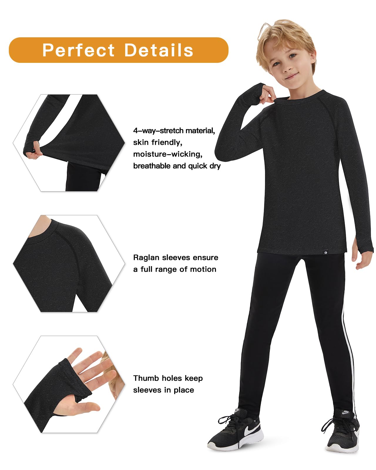 Soneven sous-vêtements Thermiques pour Enfants, Unisexe, Chaud en Polaire, t-Shirt de Sport pour Filles, t-Shirt à Manches Longues pour Enfants avec Trou pour Le Pouce pour l'hiver