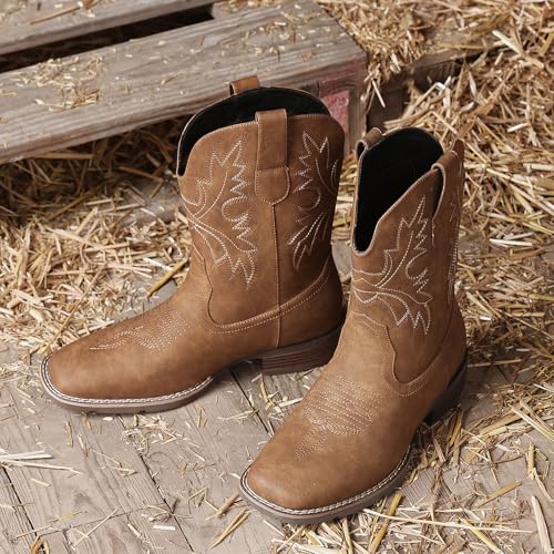 Image of Lumeheel Cowboy Boots for Men - Western Men's Boots with Classic Embroidered, Slip on Square Toe Boots, Slip Resistant Country Boots Chunky Heel Ankle, Durable Short Boots for Spring Fall