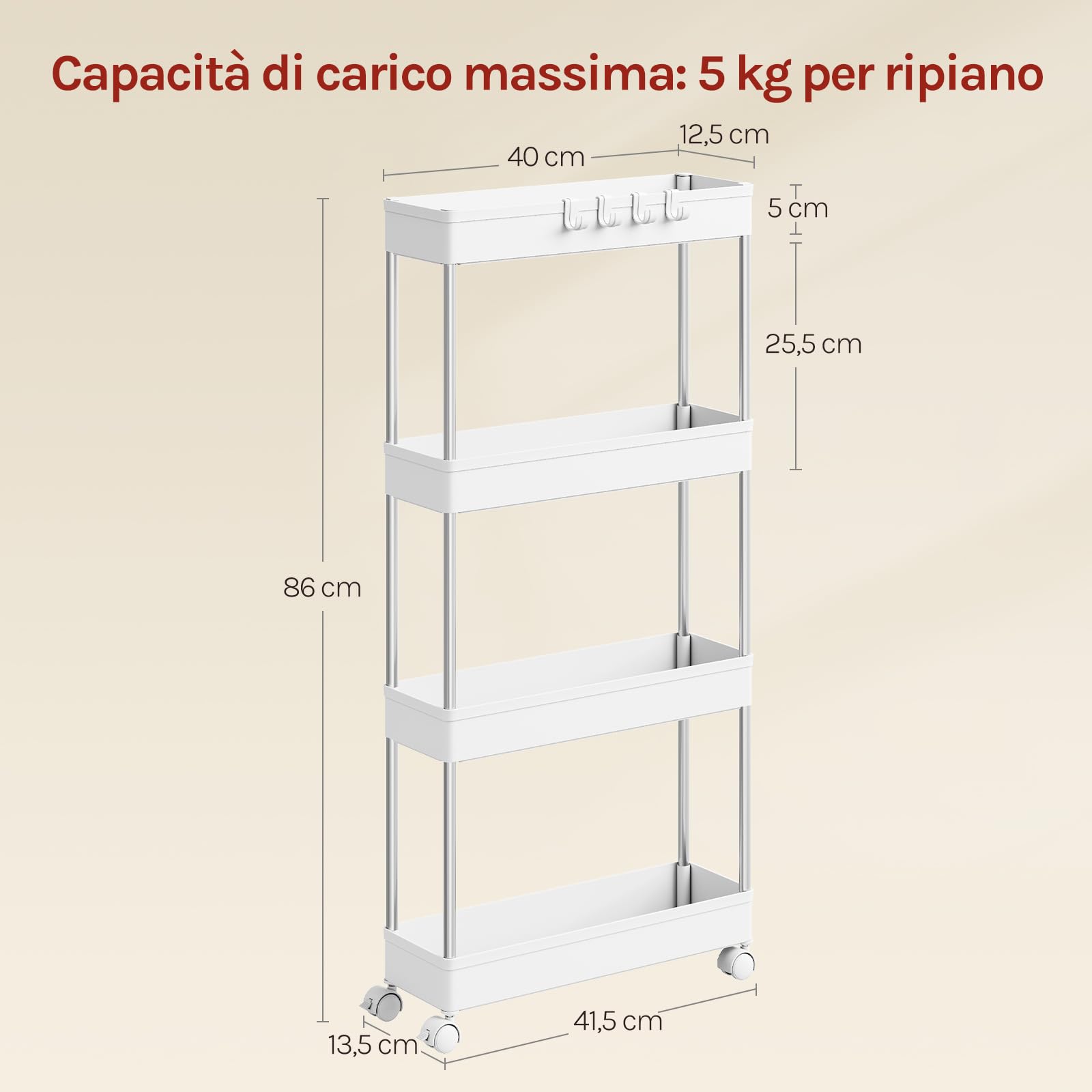 WOLTU Carrello da Cucina a 4 Ripiani, Carrello Portaoggetti con Ruote e 4 Ganci, Carrellino Salvaspazio per Cucina, Bagno e Lavanderia, in Plastica e Metallo, 41,5 x 86 x 13,5 cm, Bianco