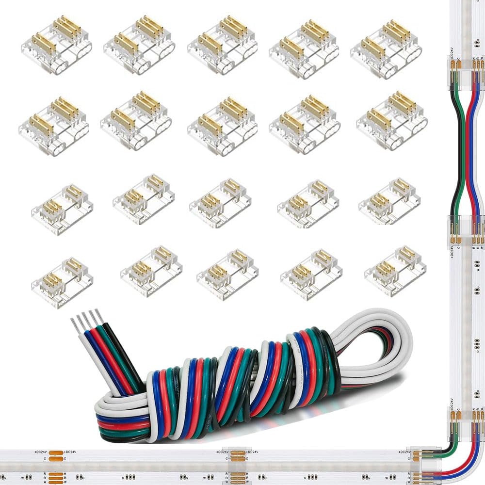 5pin 12mm/0.47in COB RGBCCT kit- 10pcs Transparent Gapless Solder Board to Board,10pcs Strip to Wire Connectors,2M Long 24AWG Extension Wire for COB RGBCW LED Strip Lights (5pin 24awg kit)