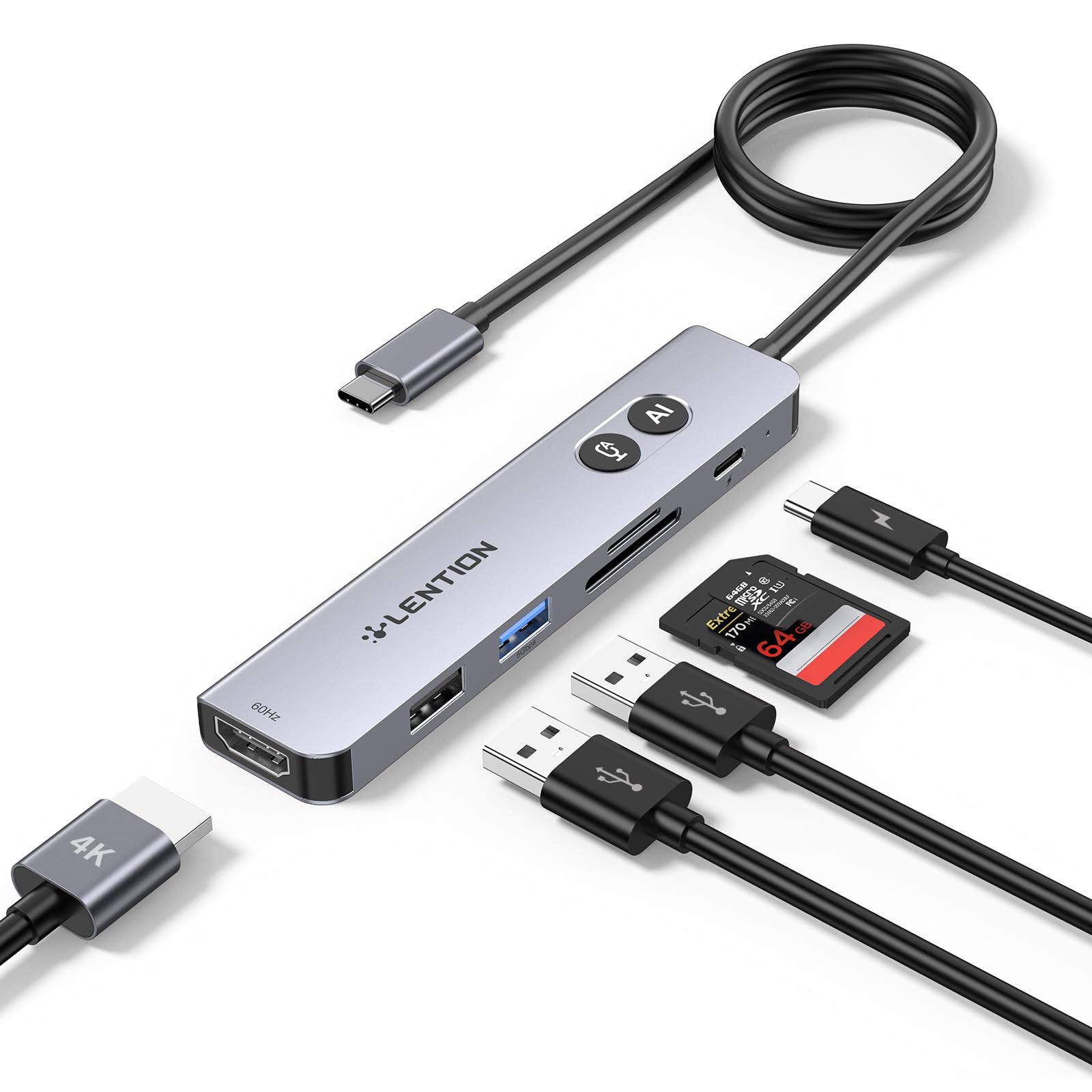 LENTION 7-in-1 2ft Long Cable USB C Hub 4K @ 60Hz HDMI, 100W PD, AI Systems | USB 2.0 & USB 3.0 Adapter with SD/TF Card Reader for MacBook Neo, macOS, iOS/iPadOS, ChromeOS, Windows, Voice to Text - CA18-picture-11