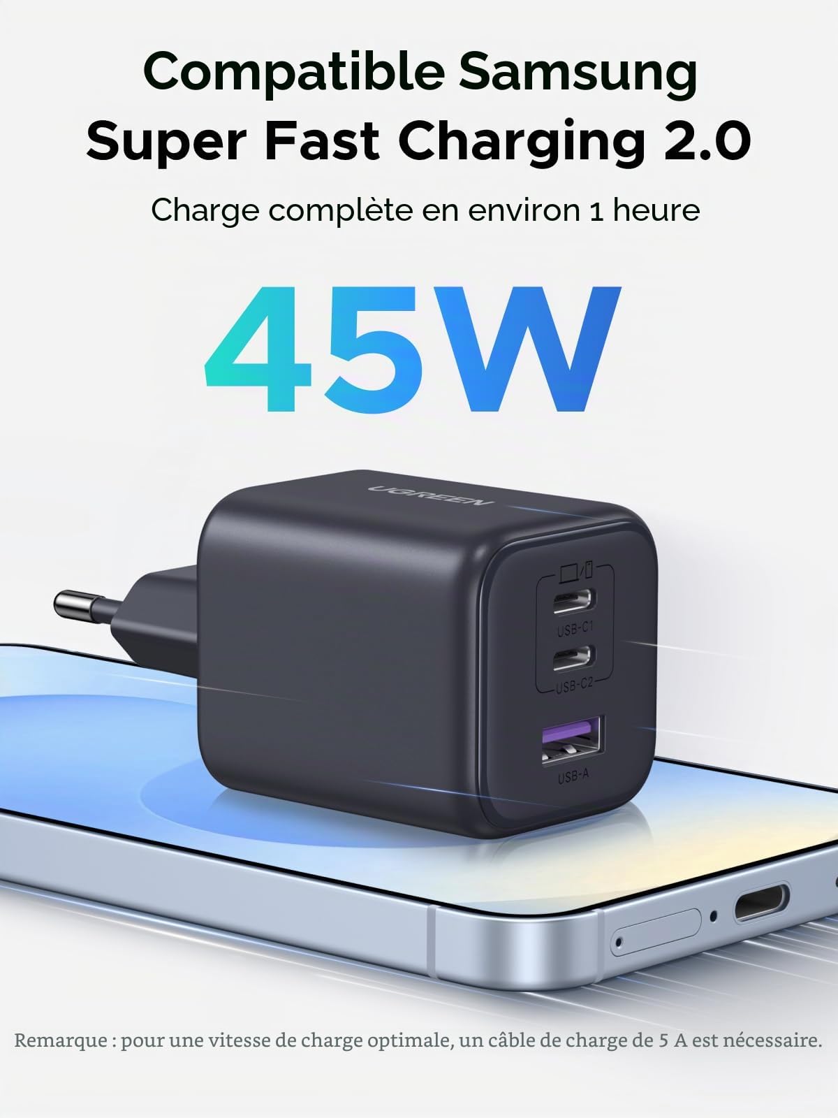 UGREEN 45W Chargeur USB C 3 en 1 avec 45W Power Bank 20000mAh Câble USB C Intégré