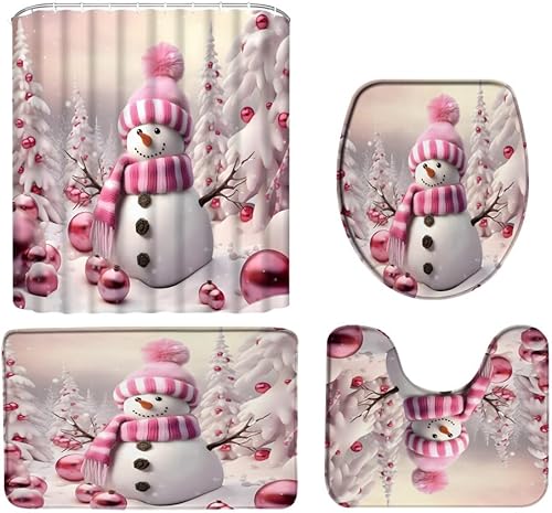Miniatura 2 de AMHNF Juego de 4 cortinas de ducha de muñeco de nieve de Navidad, muñeco de nieve rosa, bola de Navidad, pino, bosque, copo de nieve, cortina de