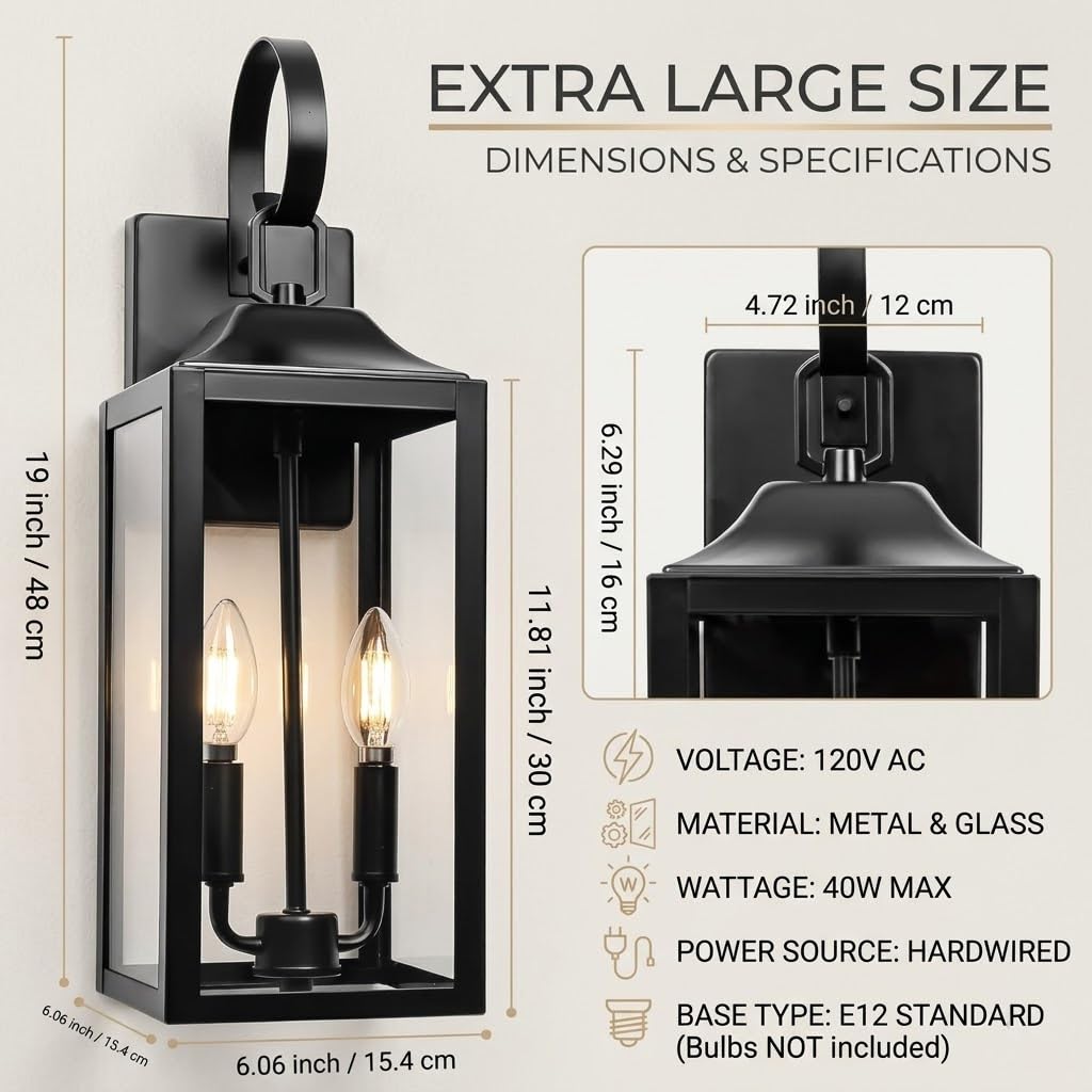 Lampada da Parete per Esterno Nera, Applique Moderna con Vetro Temperato Trasparente, IP65 Impermeabile Antiruggine, Alluminio Pressofuso, Attacco E26, per Ingresso