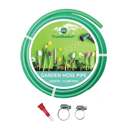 TrustBasket Heavy Duty Highly Durable PVC Plain Green Braided Water Hose Pipe (10 Meter) with Water Tap Adapter & 2 Clamps - Easy to Connect for Home Gardening, Lawn, Car Wash, Pet Bath.