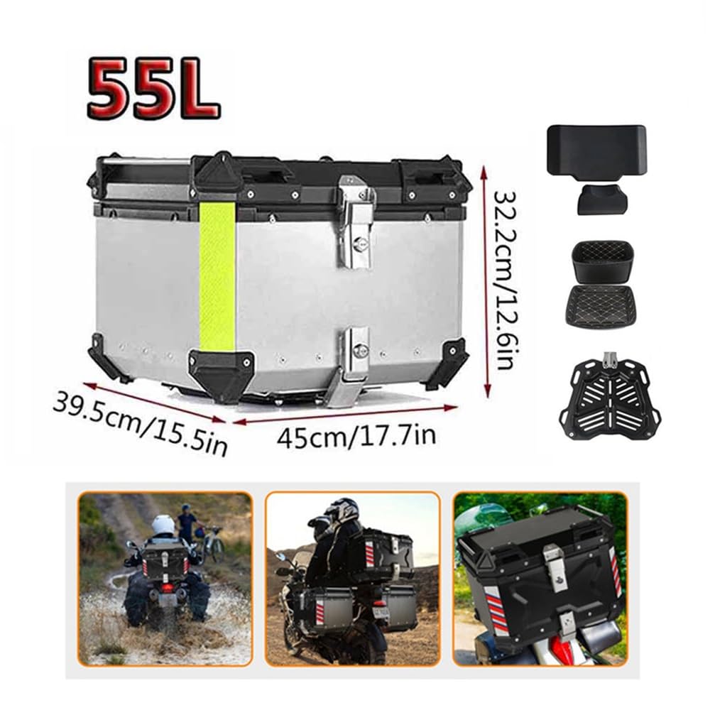 Valise pour Moto, 28L 36L 45L 55L 65L 80L 100L Top Case Coffret De Moto Aluminium Design Étanche Coffre Topcase avec Dossier de Passager et Plaque de Base(Silver,100L)