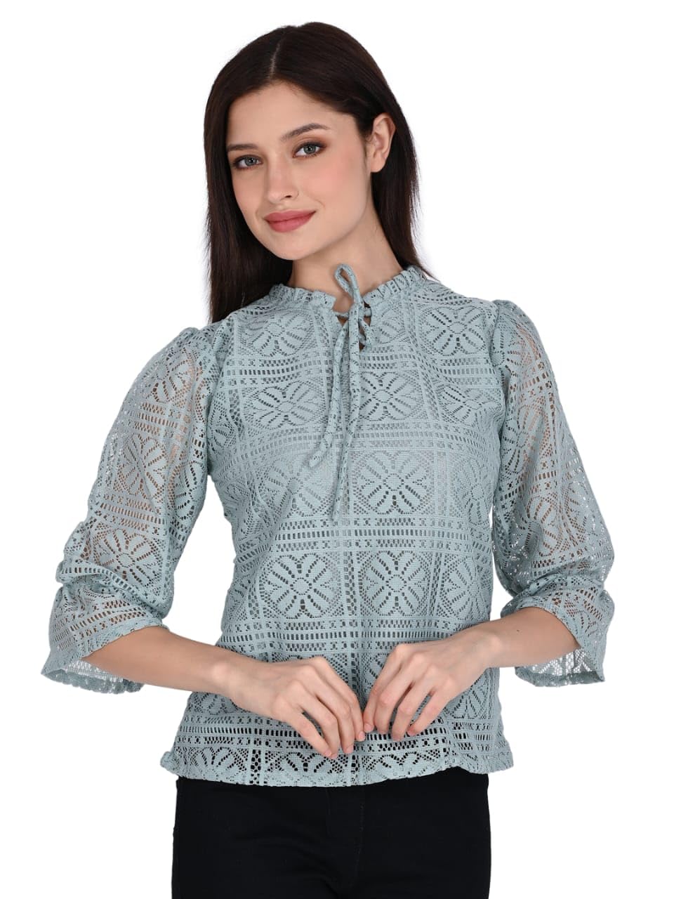 ORIEX THE ORIGINAL FASHION ORX-Girls tie up Neck Long Bishop Sleeves Knitted net top-141 (in, Age, 13 Years, 14 Years, Regular, Green) - Image 4 thumbnail