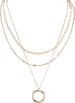 3Pcs Silver Rosegold Gold Layered Stacked Necklace for Women, All with 2" Extender Trendy Layering Circle Pendant Chain Necklace Set Dainty Layered Choker Necklaces for Women