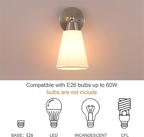 Miniatura 6 de Juego de dos apliques de pared de níquel cepillado, modernos apliques plateados con pantalla de tela blanca, accesorios de baño sobre espejo, luces