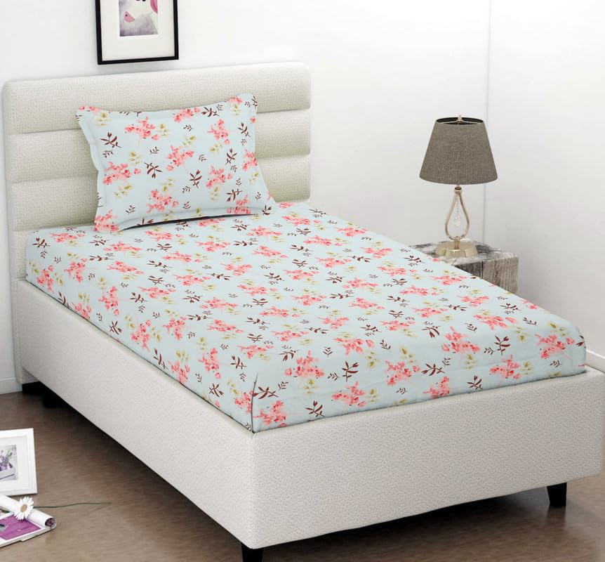 BSB HOME Premium Glace Cotton 180 TC Flat Single Bedsheets for Summer Breathable | Wrinklefree (Size-60 X 90 Inch) with 1 Pillow Covers (Size-17 X 27 Inches, Aqua & Pink Flower)