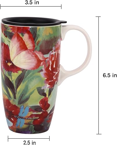 Miniatura 9 de Topadorn Taza de café de cerámica con tapa de 17 onzas, taza de té alta de porcelana con asa para el hogar y la oficina, taza roja con patrón de