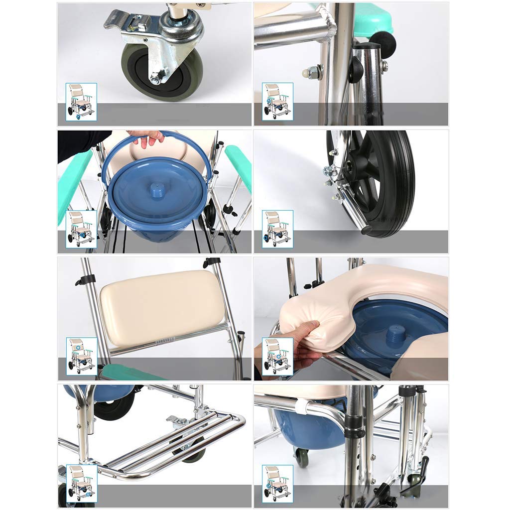 Krzesło toaletowe Commode, składane krzesło toaletowe Bedside Commode dla seniorów z kółkami Regulowane oparcie/osłona przeciwbryzgowa/schowek/pokrywa Solidne i łatwe w montażu