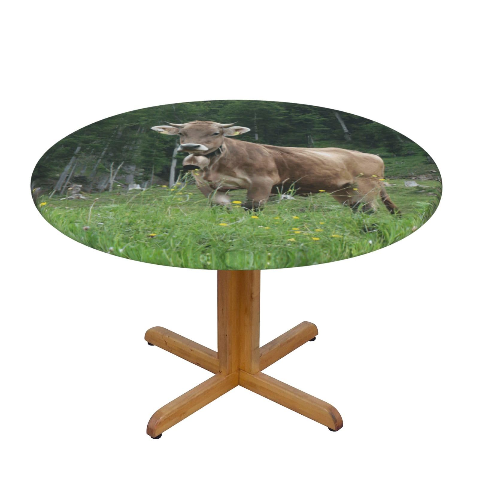 DUWAA Real Swiss Cow Brown Print Oxford Fitted Table Cover For Patio Picnic, Waterproof Round Tablecloth For Home And Outdoor