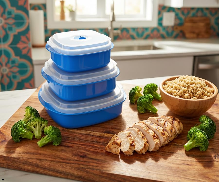 Image of Reston Lloyd Nesting Microwave Containers, Set of 3, Adjustable Steam Vents, Airtight, Meal Prep, Durable BPA-Free Plastic- Freezer & Dishwasher Safe, Cookware & Food Storage, Anyday Cookware, Azure