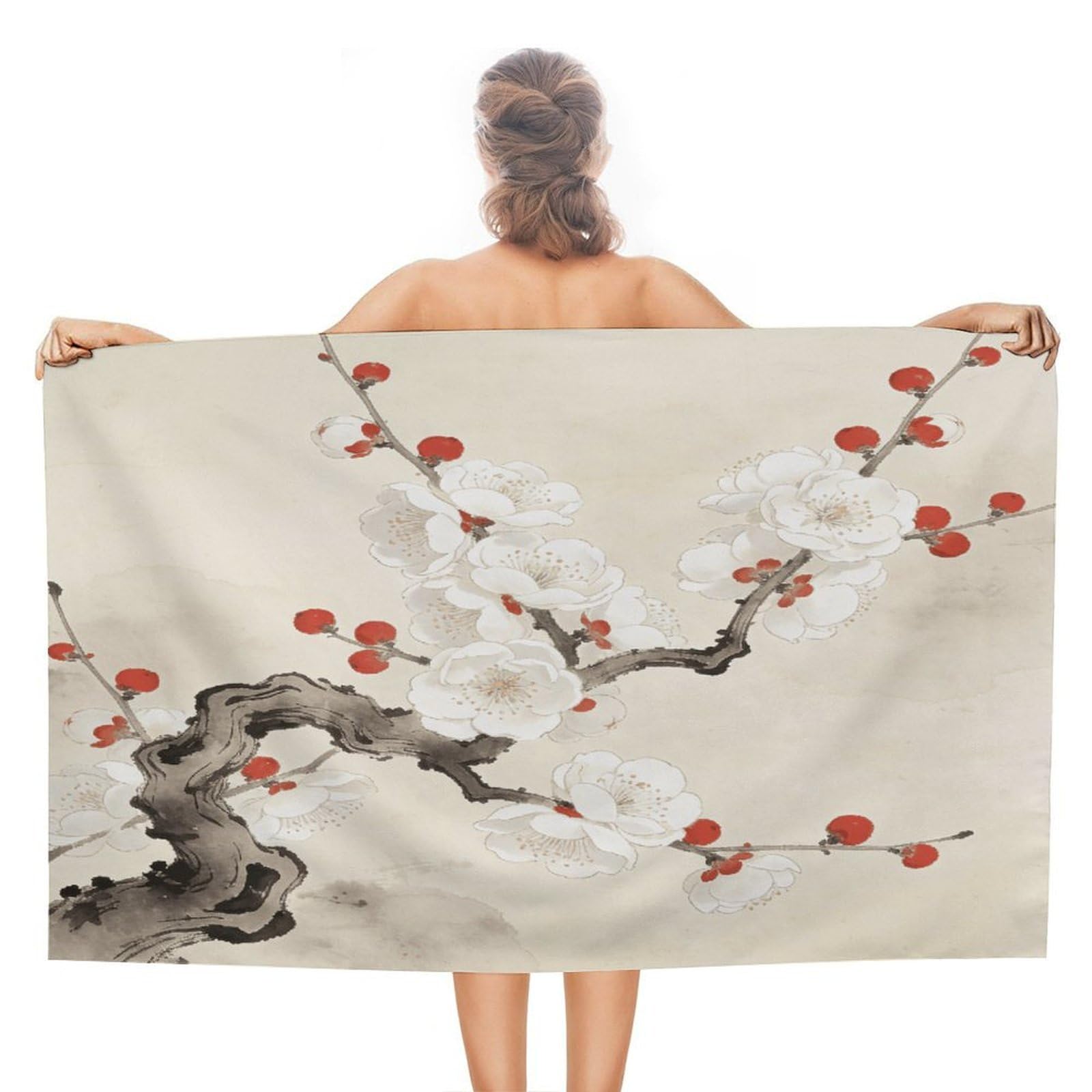 VstaDank Plum Blossoms Adorned with Red Bath Towel Stylish Double-Faced Pile Travel Towel Soft Absorbent Beach Towel for Pool Swim Sports Camping Adults Gift 51X31 Inch