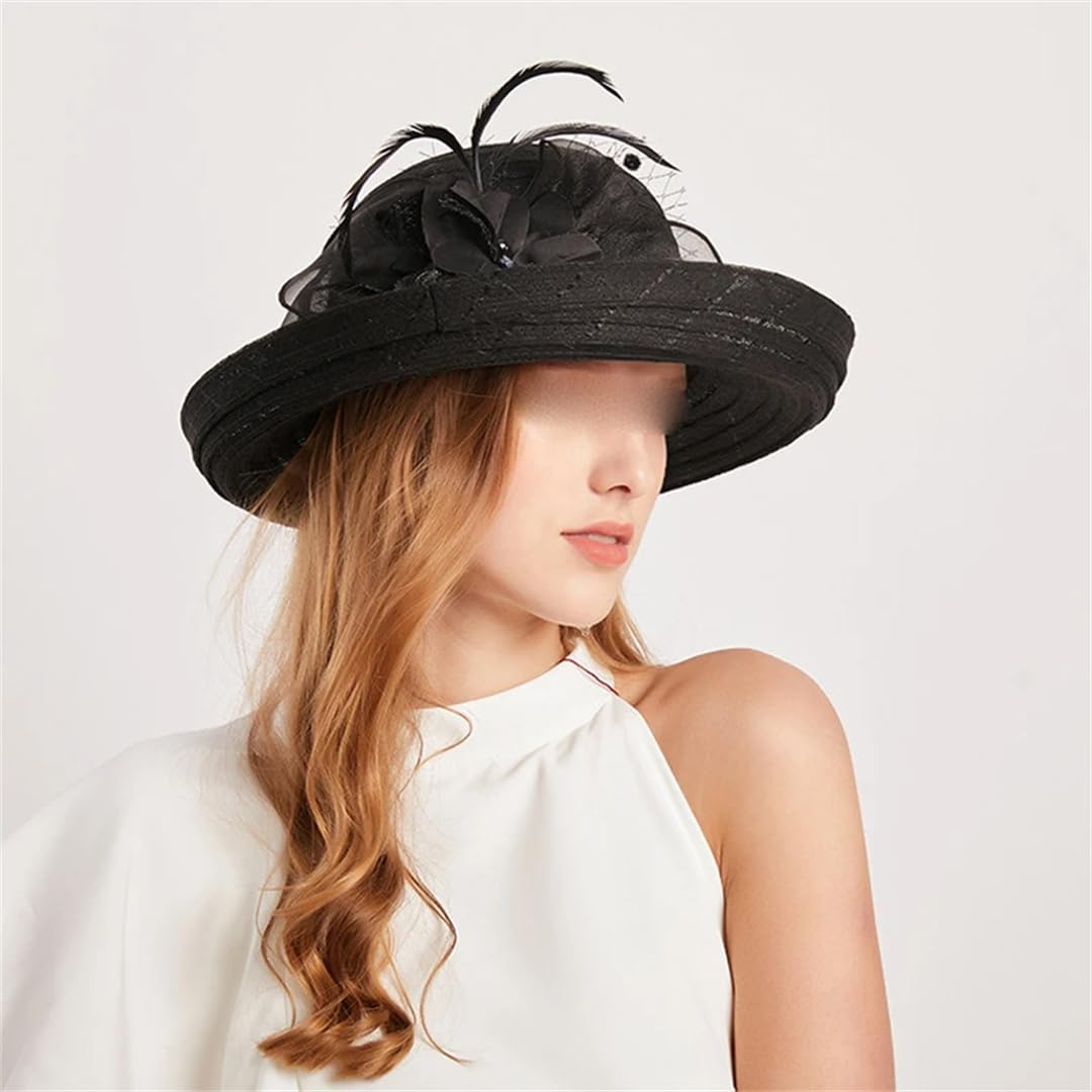 Yeuyyben Cappello da donna estivo elegante cappello da sole con fiore Fedora cappello da festa matrimonio chiesa cappelli cloche cappello a tesa larga spiaggia Cap