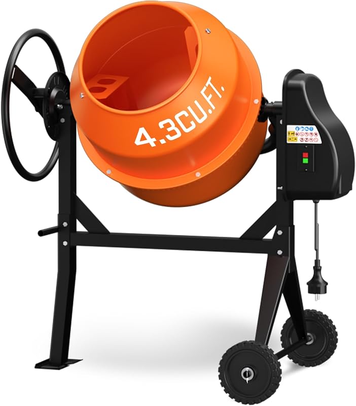 4,3 pies cúbicos. Pie. Mezclador de concreto portátil, mezclador de cemento de 3/5 HP (450 W) | Mezclador eléctrico de alta resistencia con ruedas y soporte para aplicaciones de mortero, estuco, hormigón, semillas y construcción, color naranja