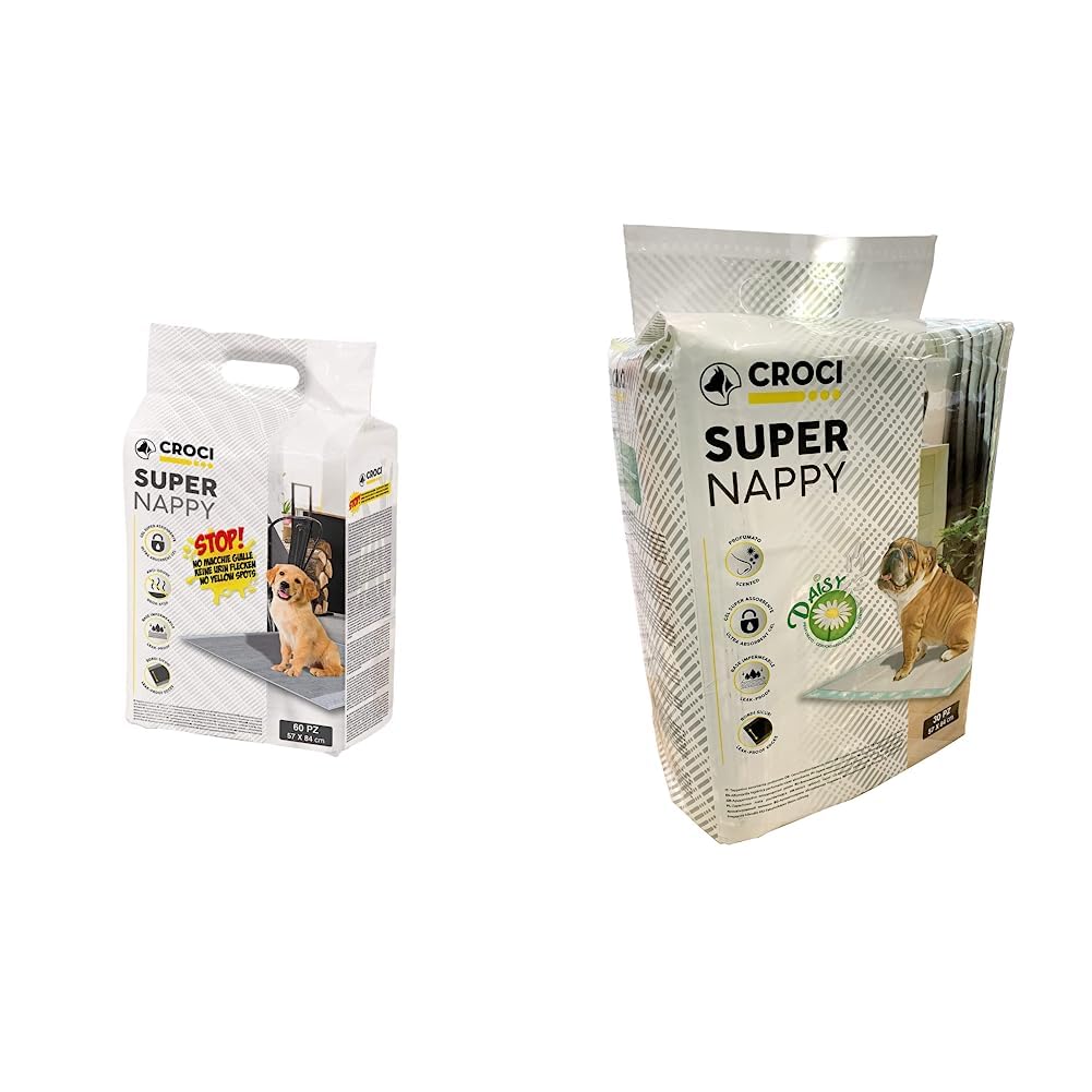 Croci Super Nappy Carboni attivi - Tappetini Igienici per Cani 57x84 cm - 60 pezzi & Super Nappy Daisy - Tappetini Igienici per Cani 84X57 cm 30 Pezzi
