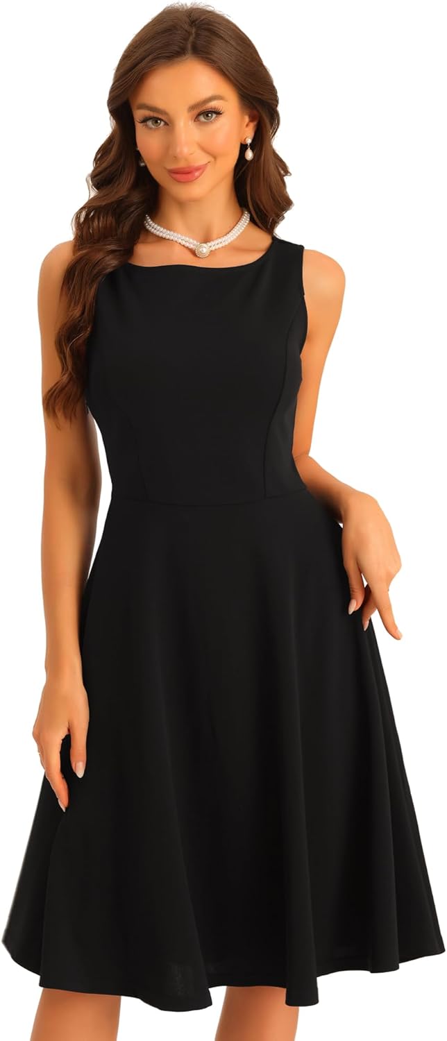 Allegra K Sleeveless Work Dress for Women's Boat Neck High Waisted Fit and Flare Dresses Large Black
