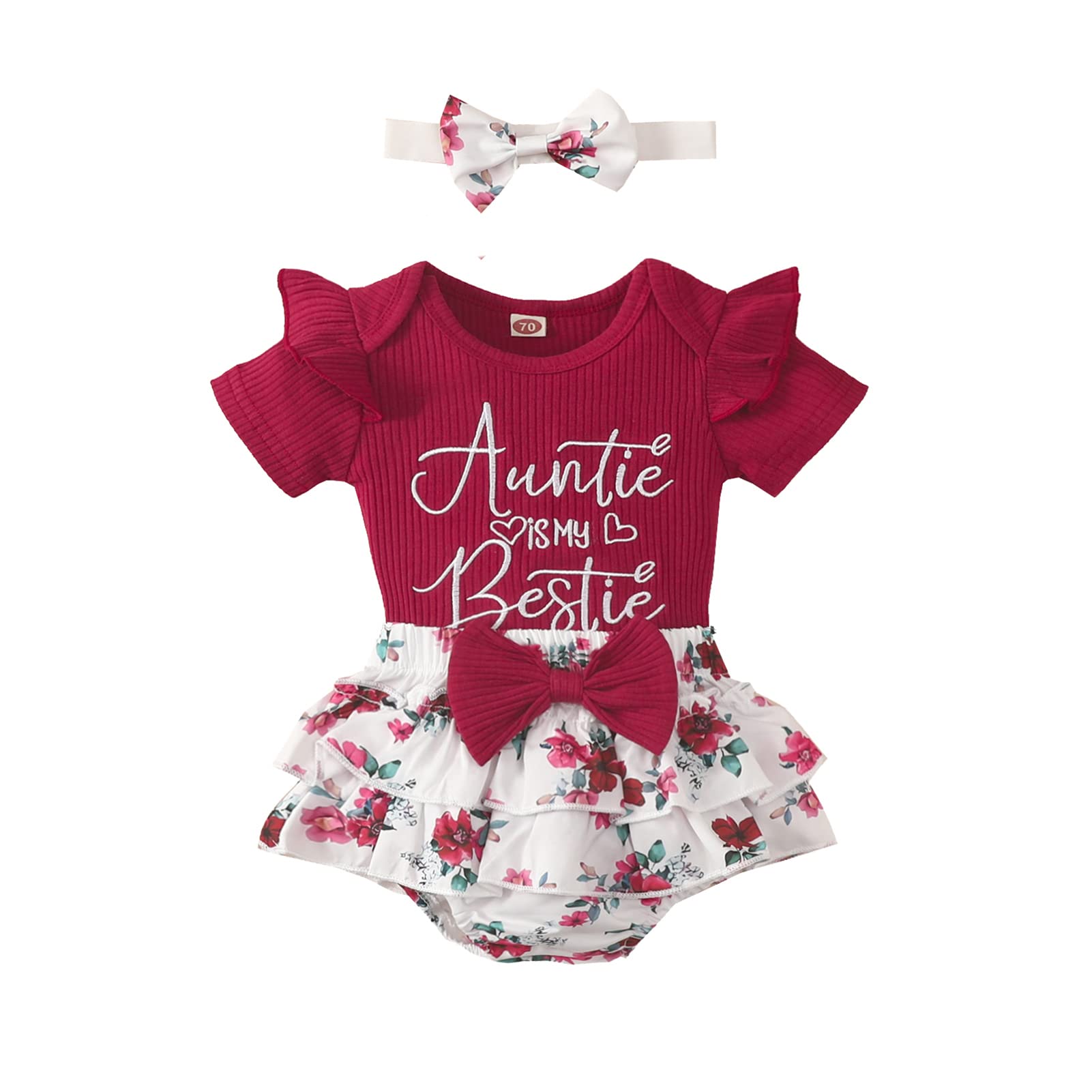 Newborn Baby Girl Clothes Summer Toddler Outfit Infant Romper Bodysuit Ruffled Floral Shorts Outfit Set (Wine Red shorts set, 6-12 months)