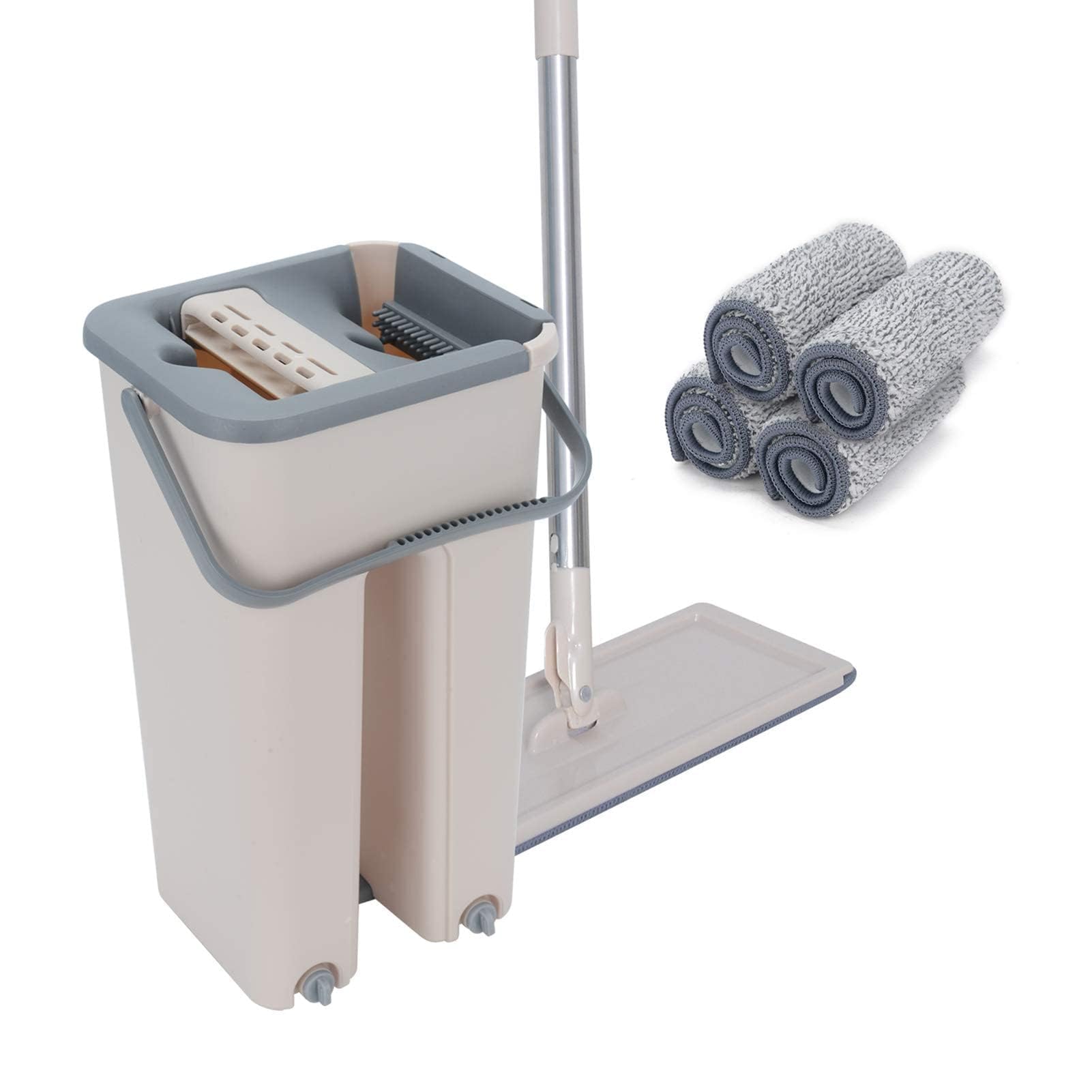 Wischmopp Set mit Eimer – Flacher Bodenwischer mit Auswringfunktion, 2-Kammer Putzeimer System, Edelstahl Teleskopstiel, inkl. 3/4/7/10 Waschbare (4-PC Flat Mop Set)
