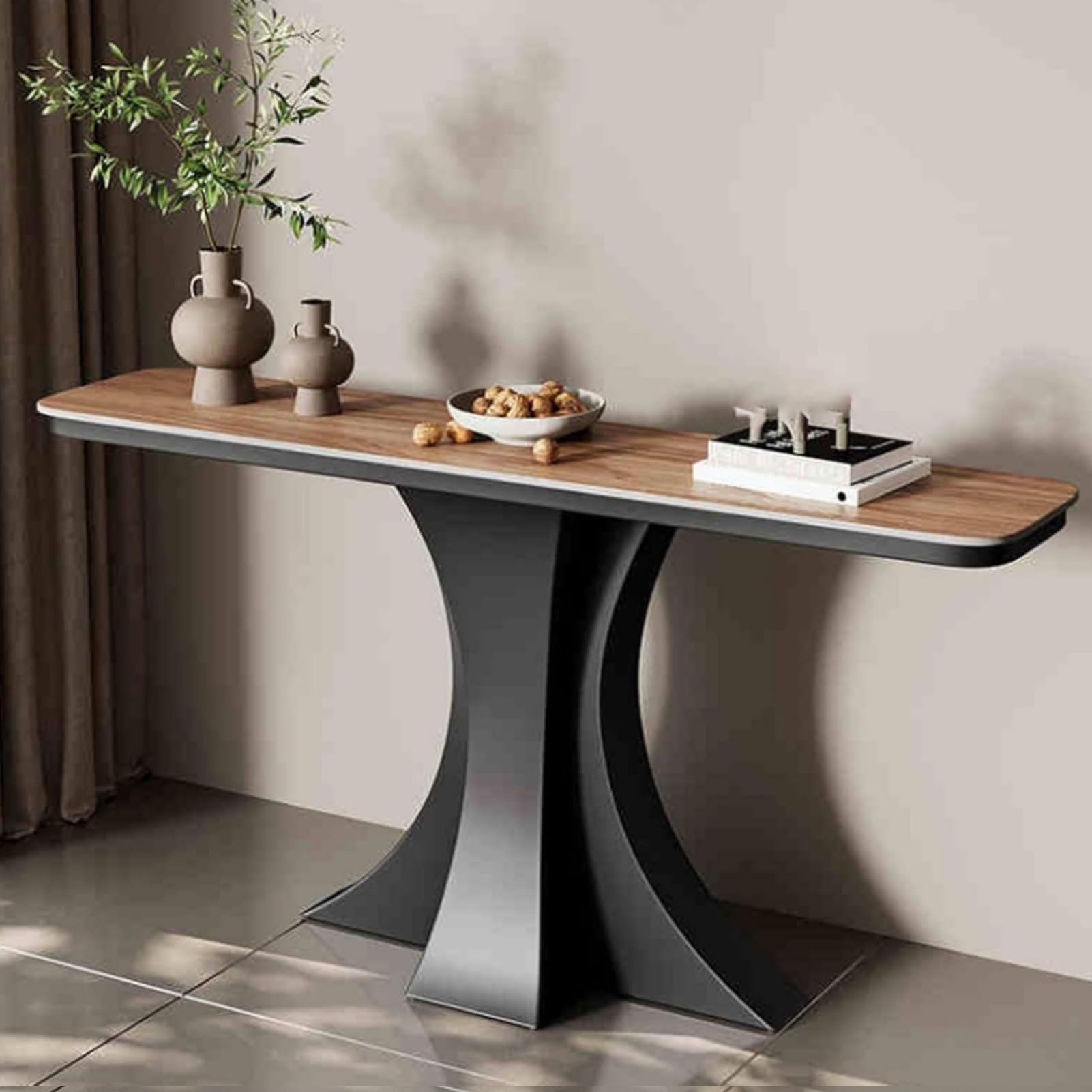 MESCXTY Narrow Console Table, Modern Entryway Sofa with Sturdy Metal Base for Living Room, Hallway, Entrance(Black+Natural,80cm/31.5in)