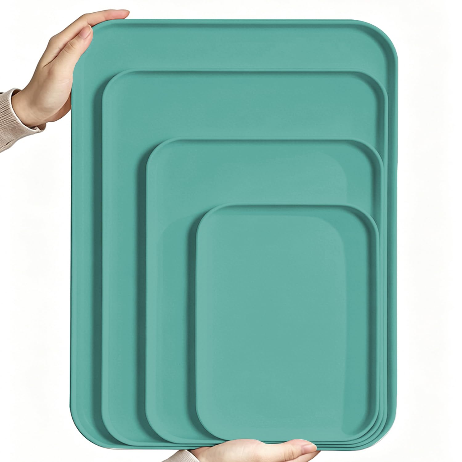 Rectangular Plastic Serving Trays,4 Packs Premium PP Food-Safe Platters Stackable Reusable Serving Trays for Kitchen Drinks Snacks Fruit Coffee Parties (Green,XL-38 * 26.5CM)