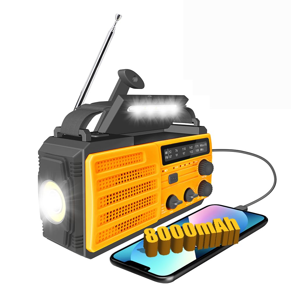 Radio de Emergencia Portátil 8000mAh, Am/FM Solar y Manivela, Carga USB para Móvil, Linterna LED, Lámpara Lectura, Alarma SOS, IPX3, Kit Supervivencia para Camping y Apagones