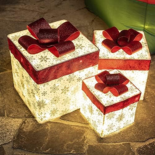 Eambrite 3PK Light up Christmas Present Boxes Silver Snowflake Patterned Gift Boxes with Warm White Lights Plug in for Christmas Decorations Home and Outdoor Décor
