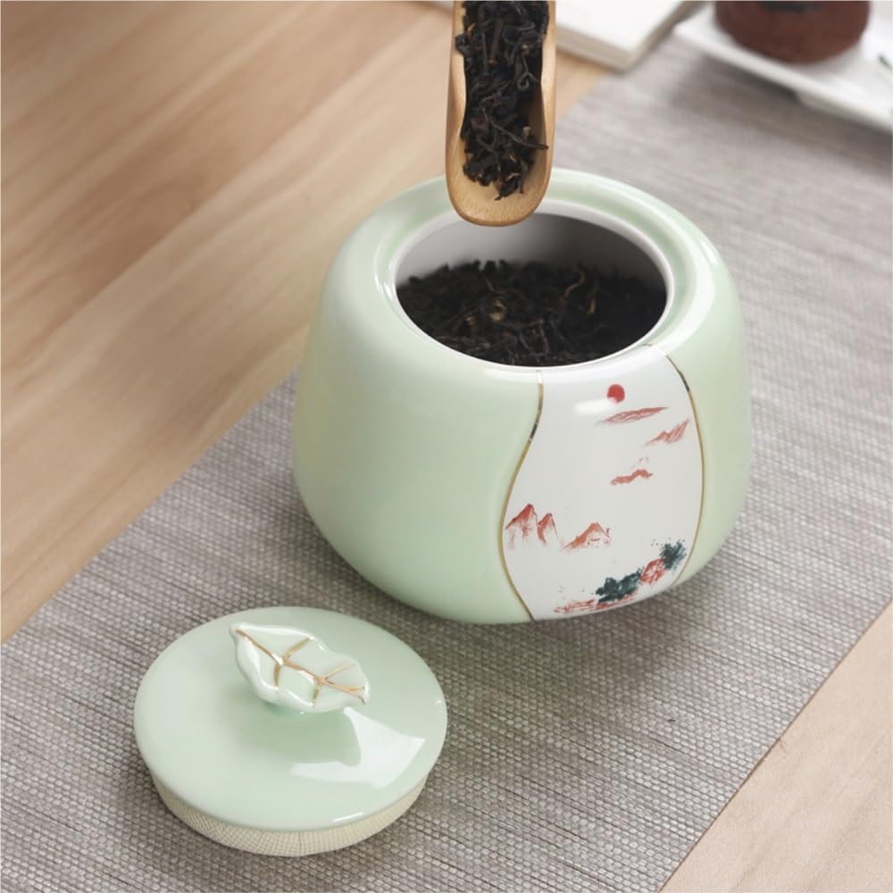Tarro De Azúcar Recipiente for almacenar té a Granel de celadón, Tarro cerámica Sellado, for condimentos Cocina, Individual Estilo Retro Chino Bote De Té(D)