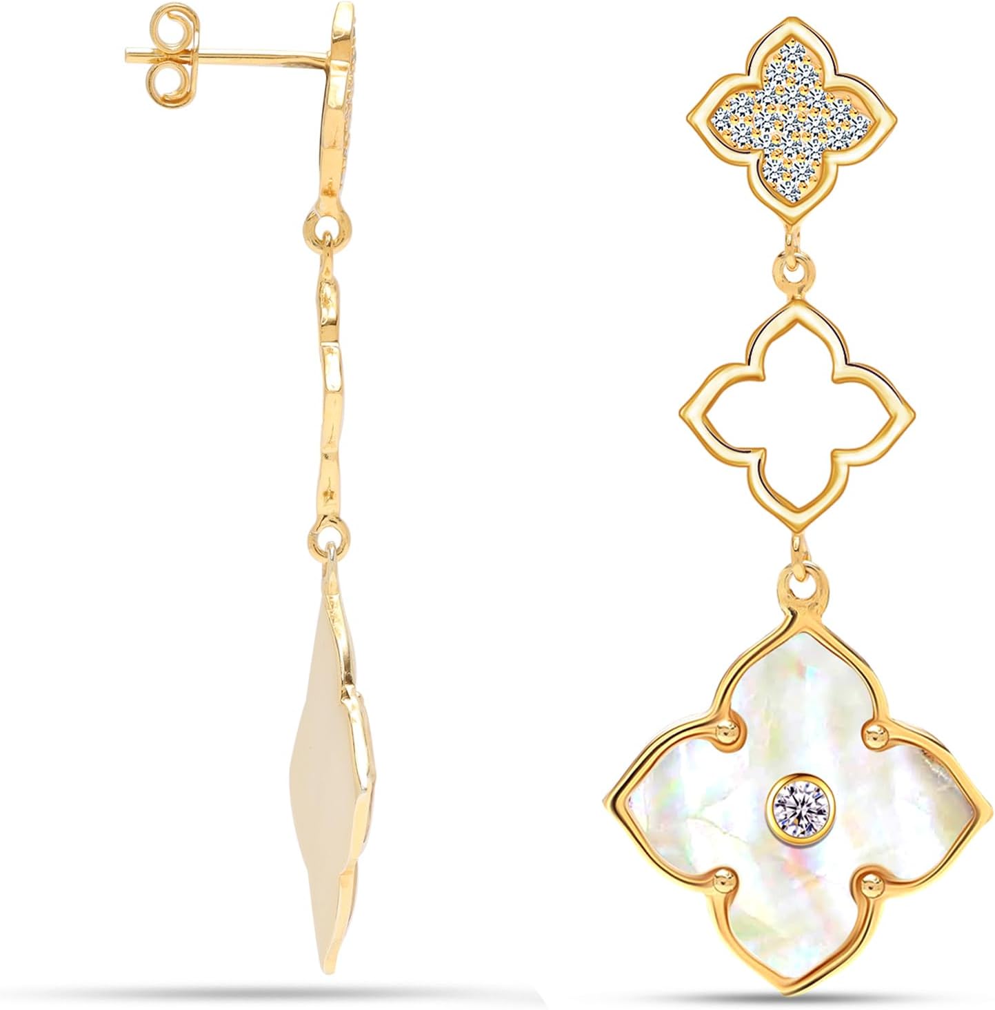 LeCalla 925 Sterling Silver Drop Earrings | Mother of Pearl Clover Earring | Mother of Pearl Stud Earring | Zirconia MOP Drop Dangle Hoop Earrings for Women - Image 5