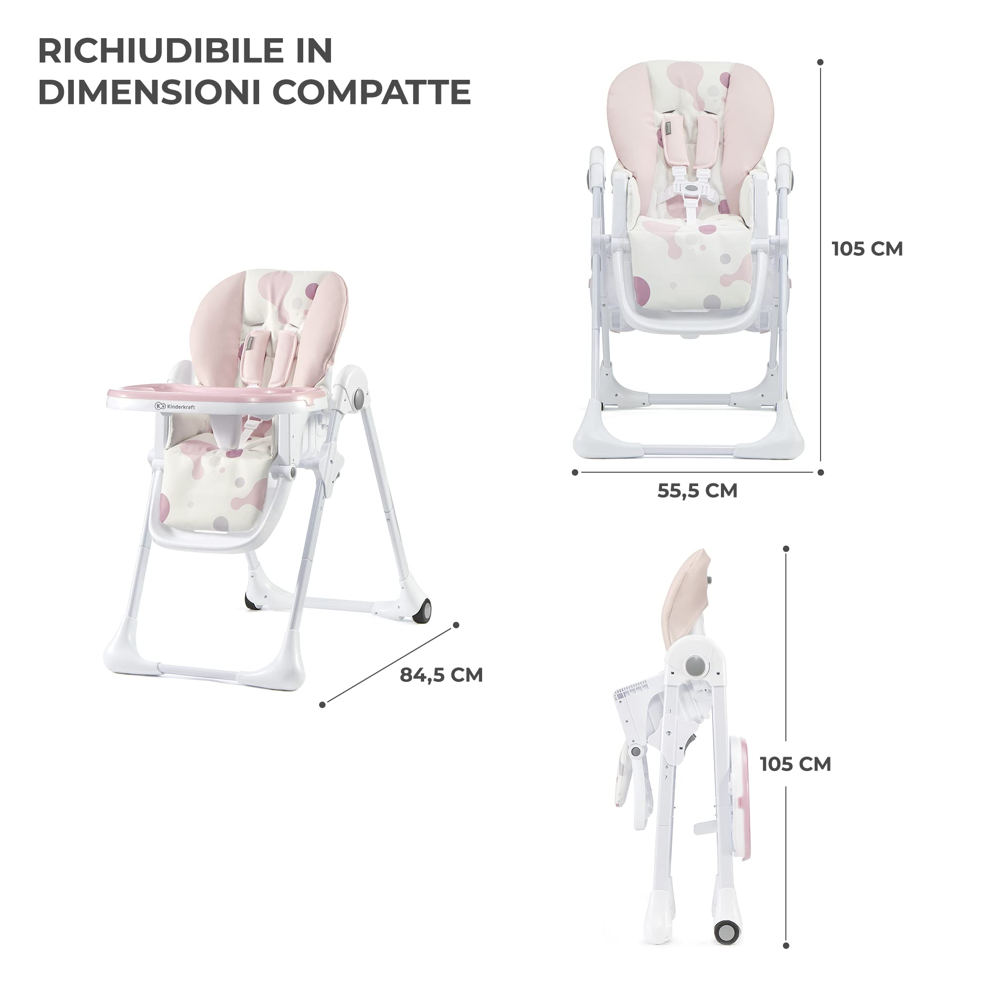 Kinderkraft YUMMY Seggiolone Pappa, Rialzo da Sedia, Regolabile, Pieghevole, Alzase Bambini da 6 Mesi fino a 3 Anni, Rosa