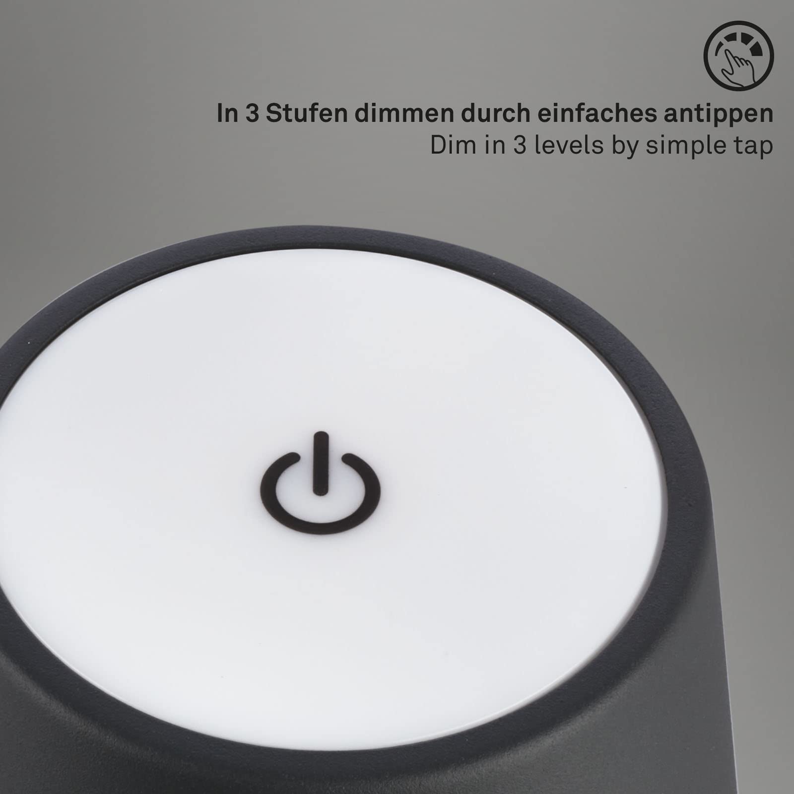 BRILONER - LED Tischlampe kabellos mit Touch, dimmbar in Stufen, höhenverstellbar, Nachttischlampe, Leselampe, LED Lampe, Campinglampe, Tischleuchte, Akkulampe, Outdoorlampe, 38x12 cm, Schwarz