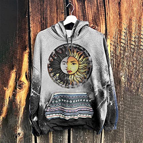 Narhbrg Men Women Y2K Retro Hooded Sweatshirts Printed Tops Sweater Sun And Moon Printed Letters Printed Distressed Tops #TOP1