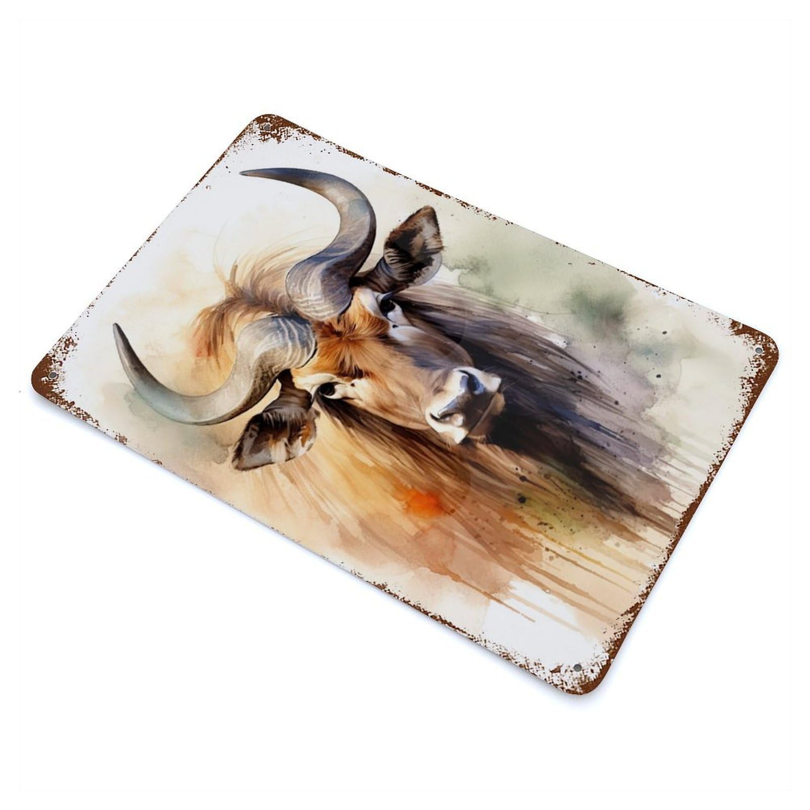 Wildebeest Watercolor Rust Effect Tin Sign 11.8"x7.9", Novelty Wall Decor for Garage, Pub Or Kitchen