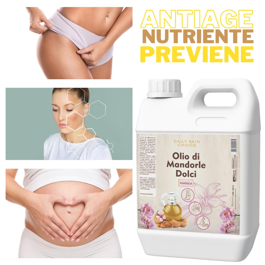Olio di Mandorle Dolci al Profumo di vaniglia 5 L – Olio Corpo Emolliente e Nutriente per Massaggi, Post-Doccia e Post-Ceretta – Formato Professionale