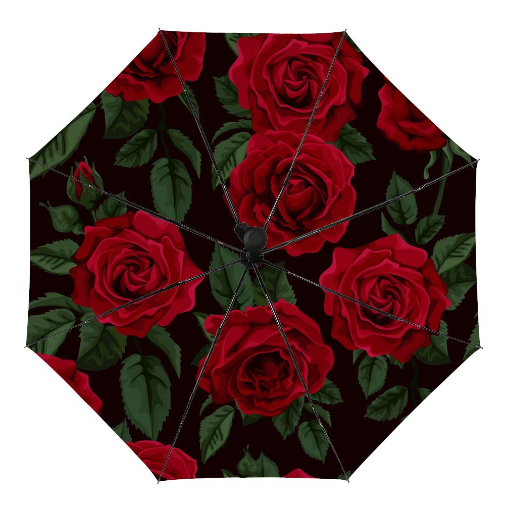 Nuansexi Travel Automatic Umbrella Red Roses Illustration Compact Folding Reverse Water Repellent Golf Rain Umbrellas UV P...