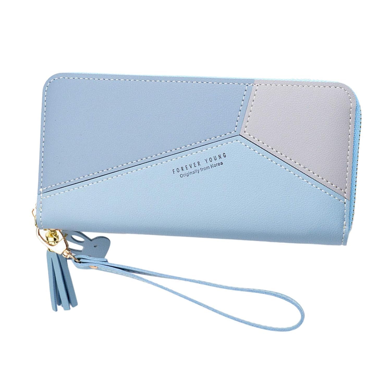 rasofab ZWERLIN Women's Long Wallet with Tassel, Multi-Slot Card Holder, PU Leather Zipper Purse, Blue and Grey-picture-51