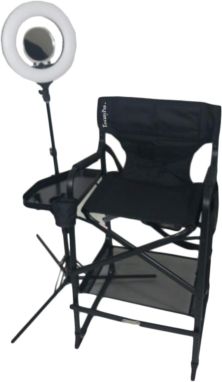 Folding-Compact Makeup Artist Chair (29" SEAT Height) w/ 14″ LED Ring Light - Carry Bag Included - Name/Logo Imprinted - Portable Chair Perfect for Makeup, Hair Stylist