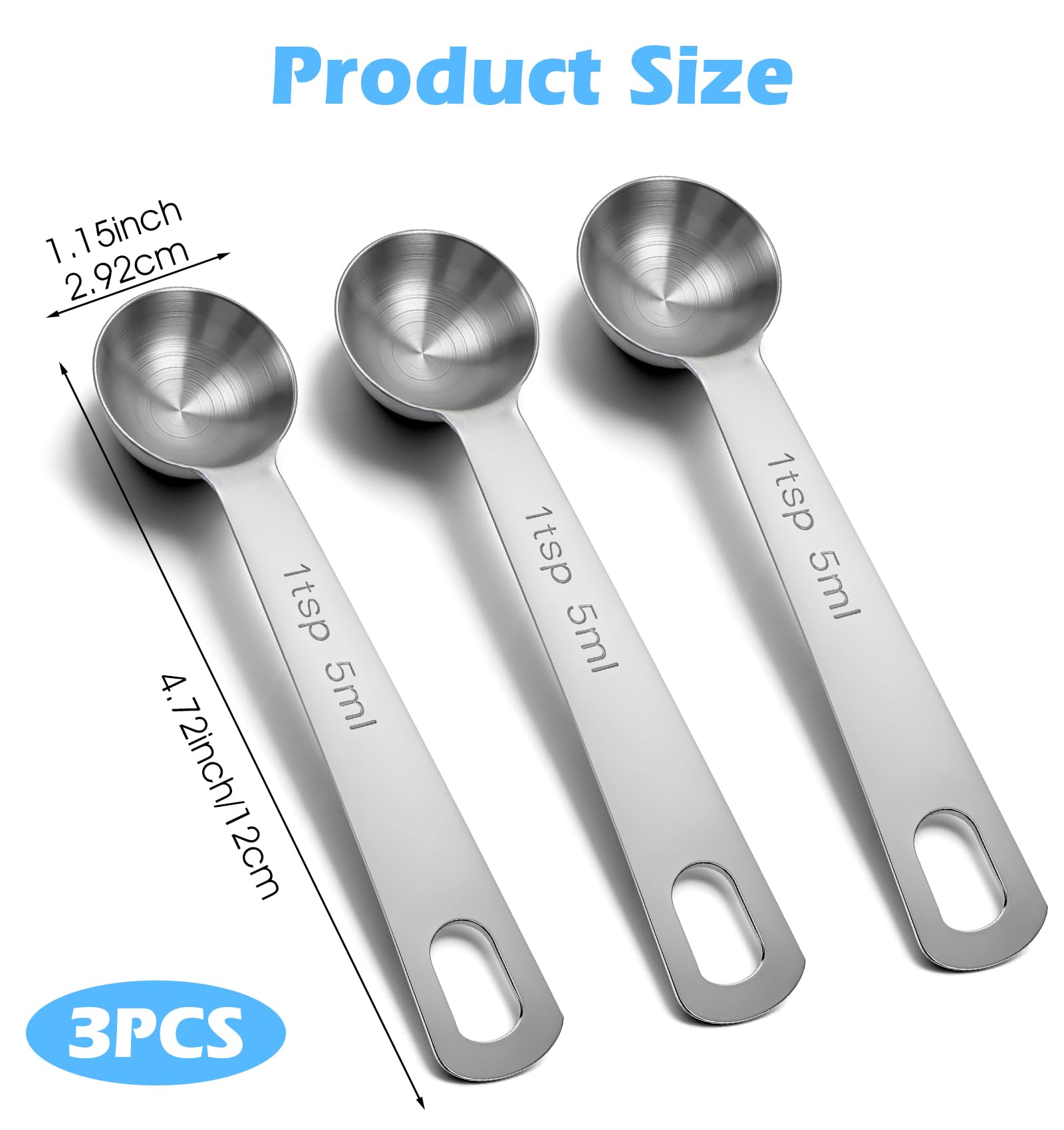1 Teaspoons Measuring Spoon, ValueBargain 3 Pcs Stainless Steel Short Design Kitchen Tools for Precise Cooking, Baking and Spices Measurement, 5ml