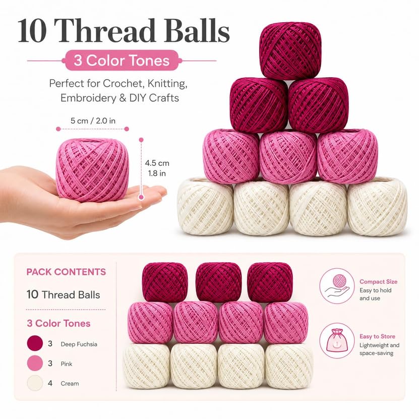 Nisrix Crochet Cotton Thread Yarn Combo, 10 Rolls, Pink - Image 5