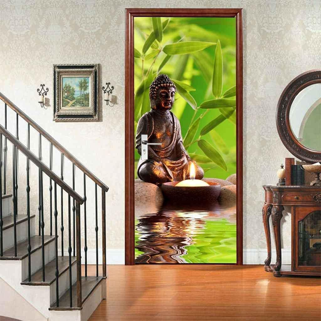 Adesivi per Porte Interne 80x210 Zen Adesivo Porta Foglie di Bambù Verde 3D Pellicola Adesiva Carta Da Parati Soggiorno Bagno Autoadesivo Porta Murale Decorazione M0402