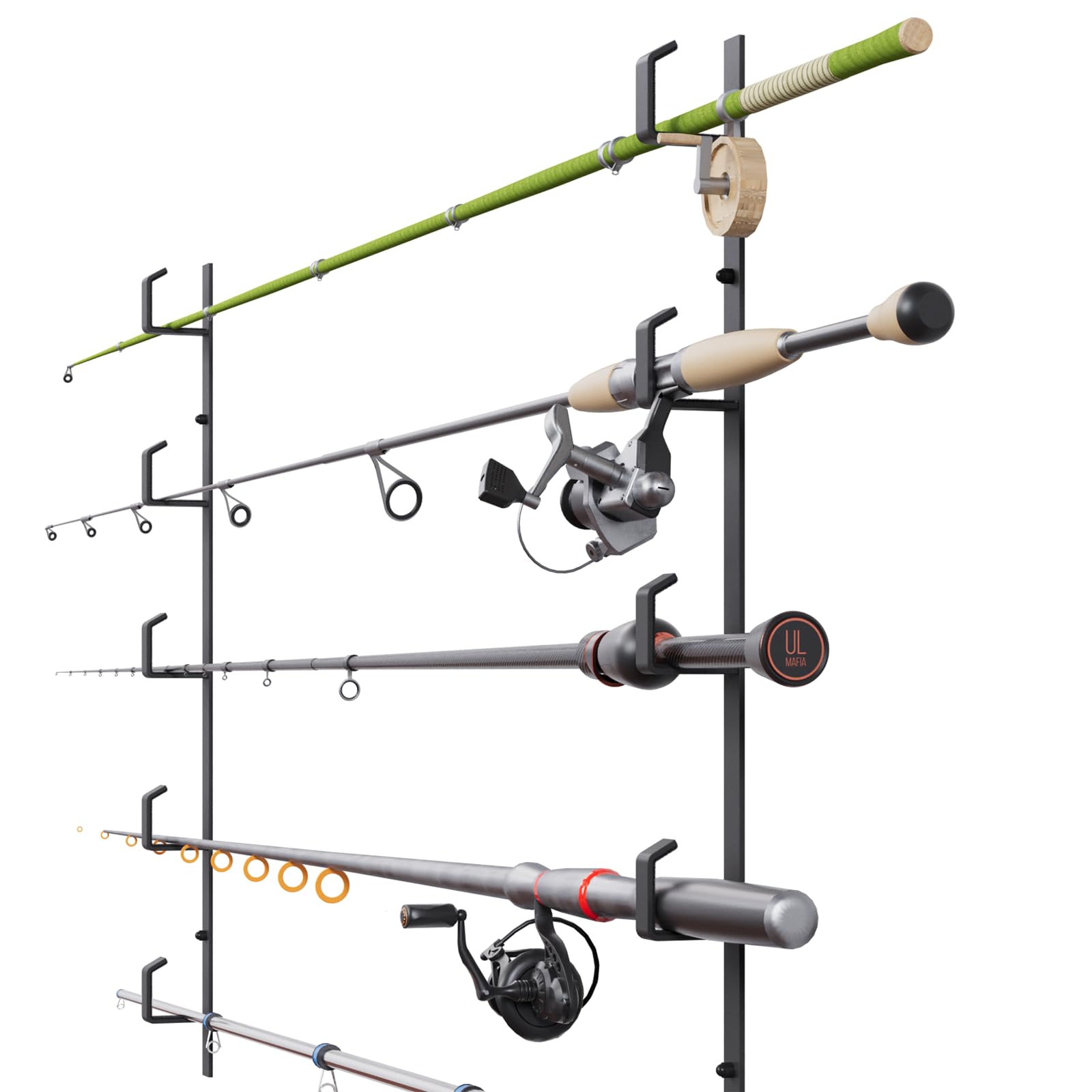 QLS Supporto per canne da pesca, da parete, da soffitto, fino a 5 canne da pesca, in acciaio verniciato a polvere, colore nero