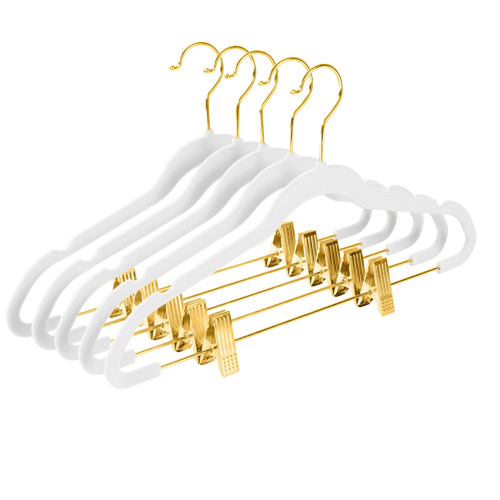 MIZGI Perchas de terciopelo prémium para pantalones con clips ajustables (paquete de 20), perchas delgadas para faldas, perchas de fieltro antideslizantes para ropa, color blanco, ganchos dorados,