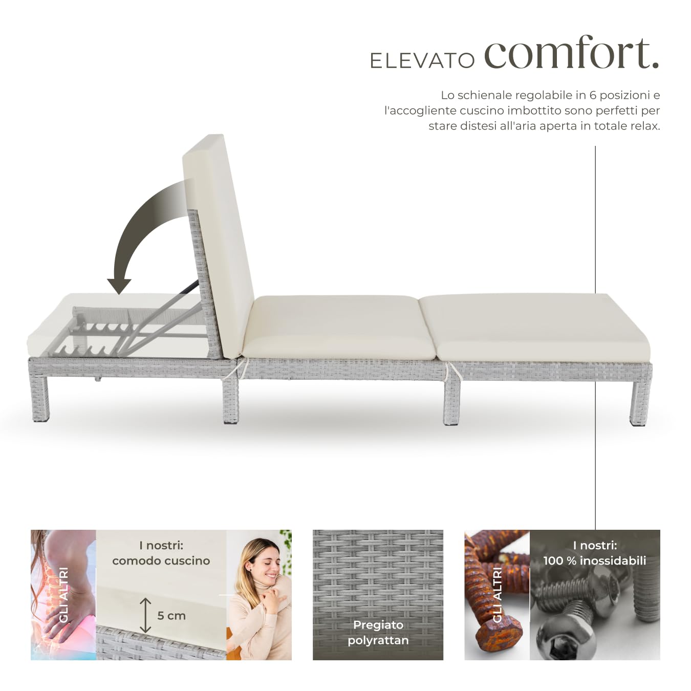 tectake® Lettino Prendisole in Rattan, Altezza Schienale Regolabile, Robusta Struttura in Acciaio, Lettino per Esterno e Interno, 196x66x22 cm, Cuscino Imbottito Rimovibile Incluso - Grigio Chiaro