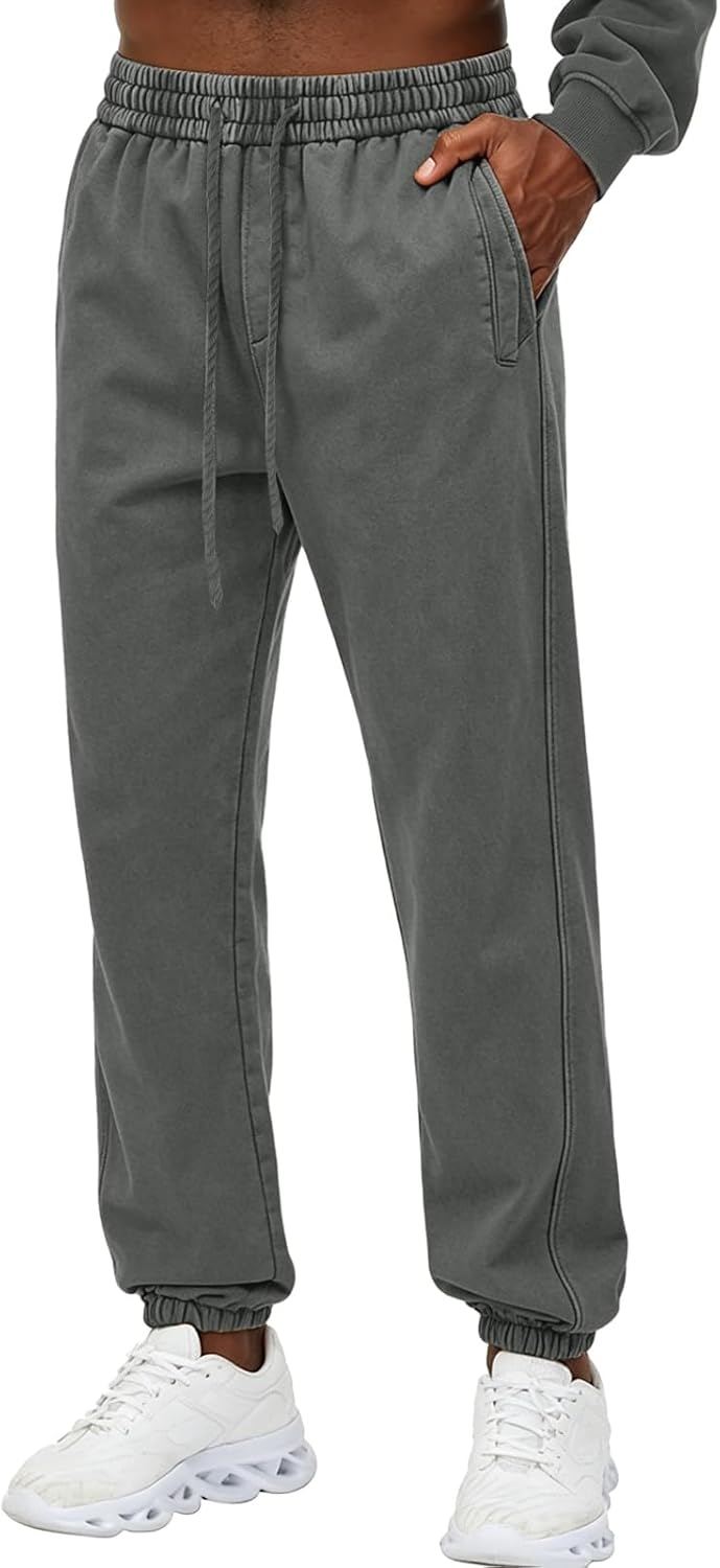 KEEPSHOWING Mens Sweatpants Athletic Acid Washed Cotton Elastic Waist Joggers Drawstring Jogger Pants Workout Long Pants