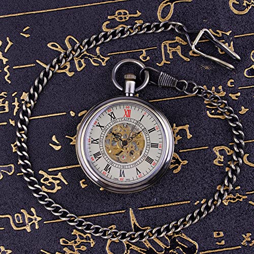 Image of Gold Uncovered Men's Mechanical Pocket Watch, Uncovered Roman Design Dial Chain Mechanical Pocket Watches for Men-Gold