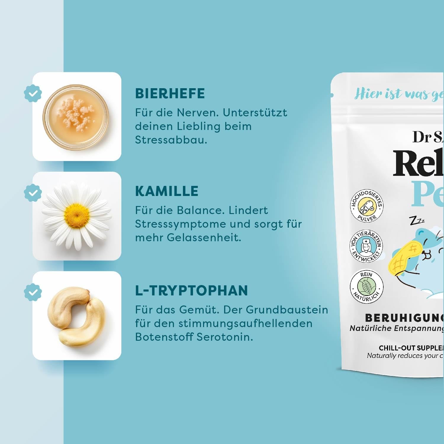 Dr. SAM Premium Anti-Stresspulver für Katzen - RelaxPet als natürliches Beruhigungsmittel für Entspannung bei Angst & Stress - Ruhe bei Reisen und Feiern - hochdosiert - 45g